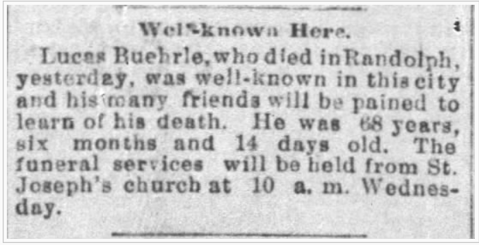 Death Notice of Lucas Buehrle